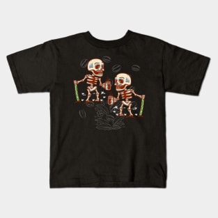 Skeleton With Smiling Skull Drinking Coffee Kids T-Shirt